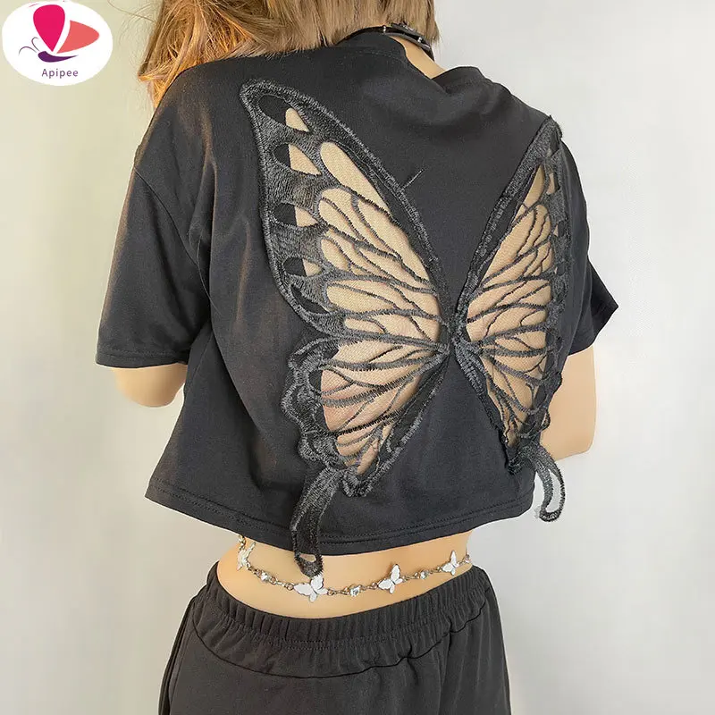 APIPEE Y2K Indie Aesthetic Goblincore Tee Shirts Short Sleeve Unicolor Butterfly Hollow Out Crop Tops Grunge Style Women Top