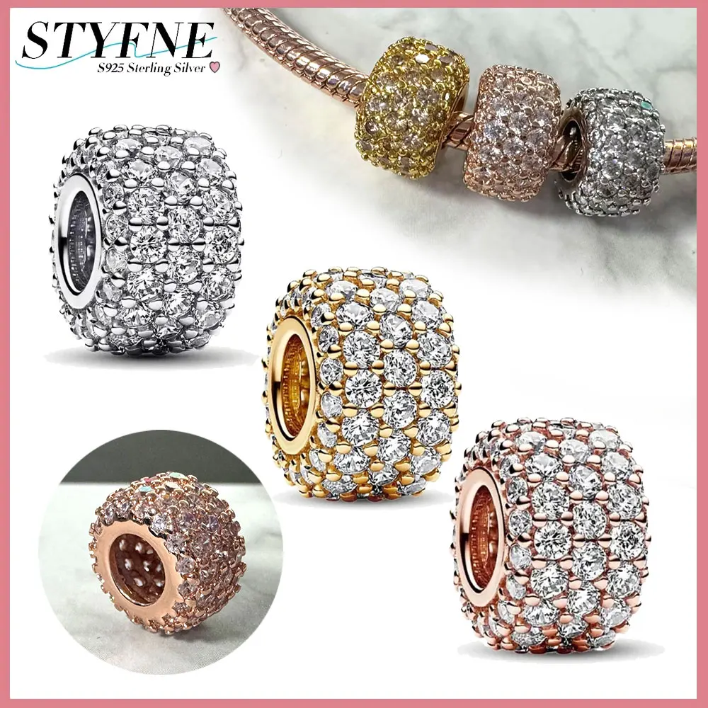 Original 925 เงินสเตอร์ลิงประกายสามแถว Pavé Pavé Zirconia ลูกปัดสร้อยข้อมือผู้หญิง DIY เครื่องประดับอุปกรณ์เสริมของขวัญ