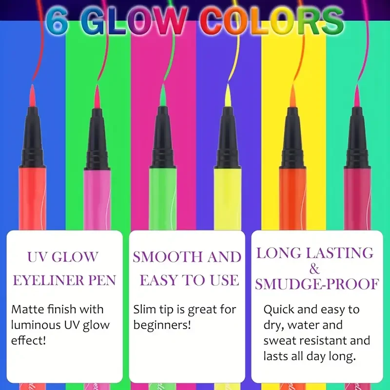 6 ชิ้นเรืองแสงในที่มืดใบหน้า,ชุดสีทาตัว,อายไลเนอร์ชนิดน้ำชิมเมอร์,แท่งแต่งหน้าเรืองแสงนีออนสำหรับวันฮาโลวีน,เทศกาลดนตรี