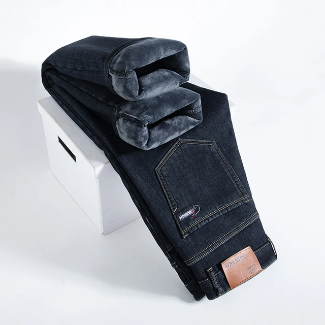 Męskie jeansy zimowe z grubego polaru, ciepłe, slim, skinny, stretch, proste, klasyczna wersja denimu, pluszowe spodnie, markowa odzież męska, 2025.