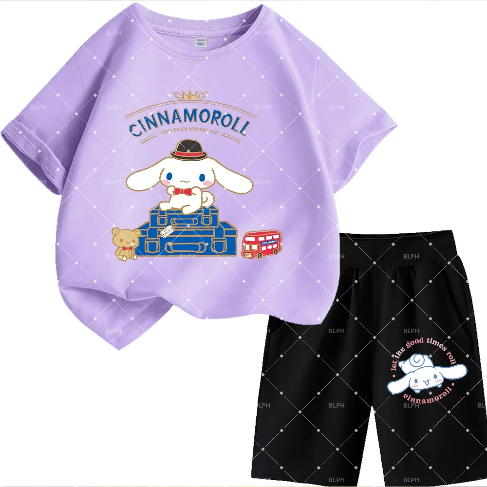 

Cute Sanrio Cinnamoroll Birthday Party Design Kids T-Shirt Set, Adorable Cartoon Character Print Children's Clothing