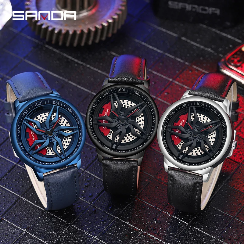 SANDA P1062 Original Leather 3D Watches Rim Watch Hub Custom Design Sports Waterproof Creative Male Clock Mens Wheel Wristwatch