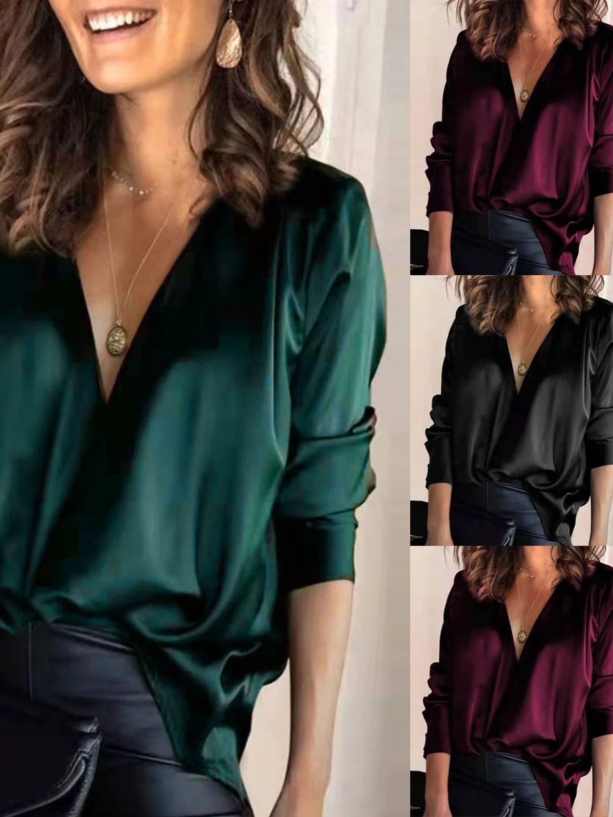 

Women's V-Ne Pure Color Long Sve irt Casual Sle Polyester Fabric Button Plaet Slim Fit irt for Ages 25-50