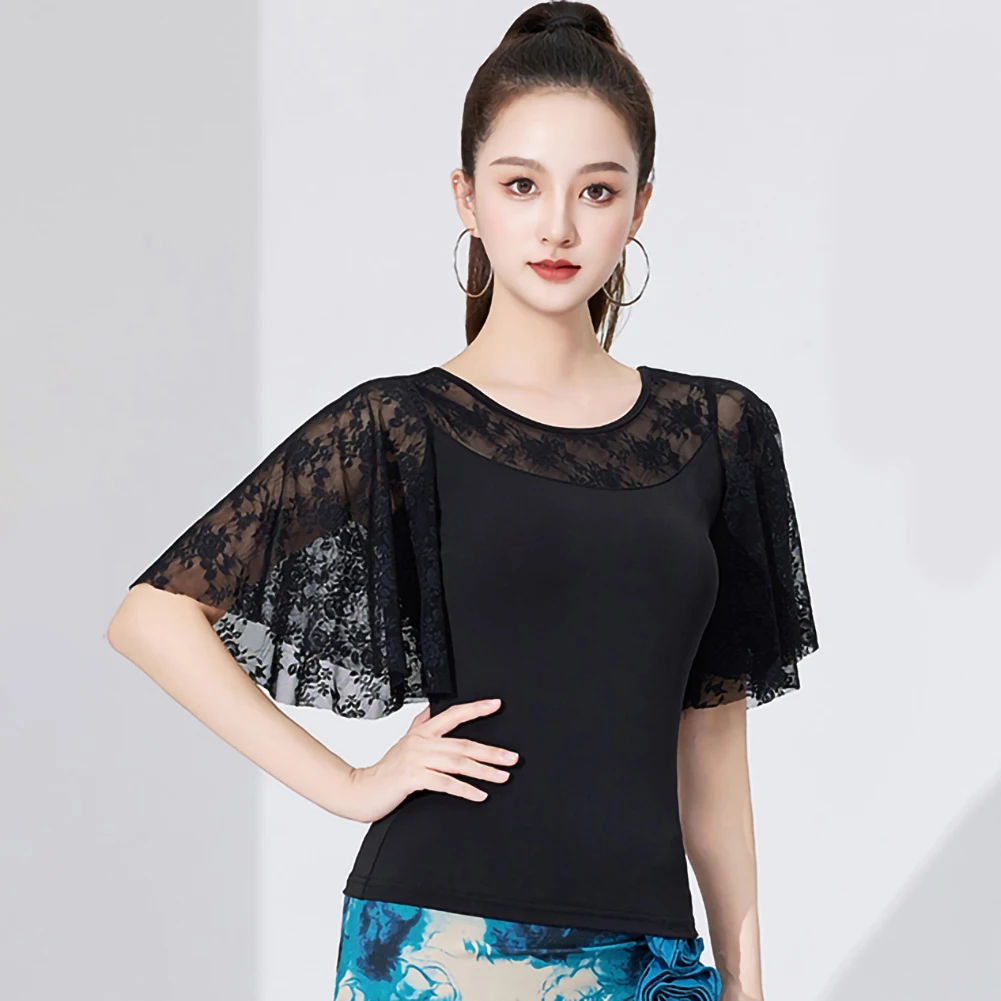 

Черная тренировочная футболка, кружевная латинская рубашка для самбы, топ для танцев, рукав-труба, женская танцевальная одежда с круглым вырезом