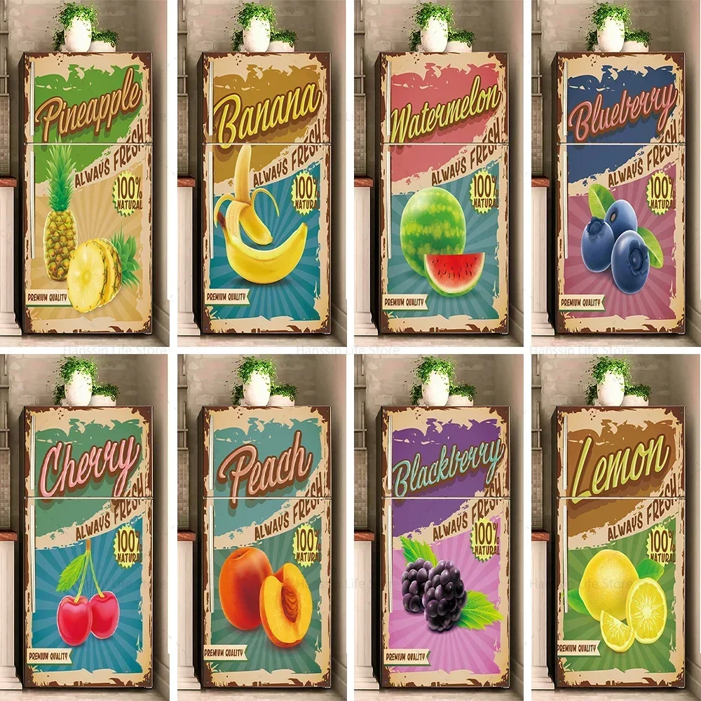 

Retro Furit Fridge Door Sticker Waterproof PVC Lemon Banana Refrigerator Wallpaper Cover Mural Stickers, Removable Fridge Decal