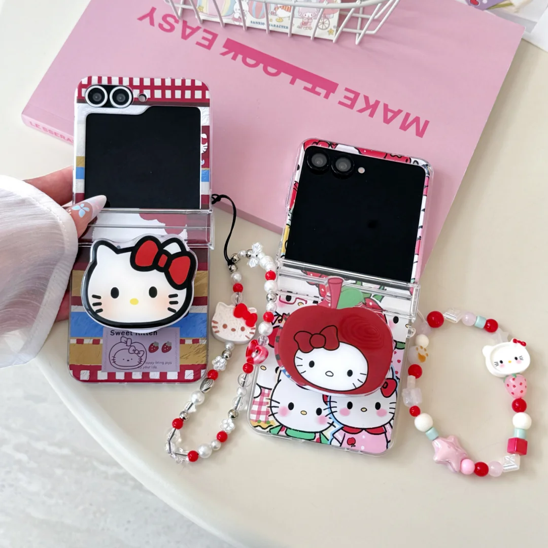 Cute Cartoon Bear strawberry Hello Kitty strap chain Holder phone suitable Case For Samsung Galaxy Z Flip7 7FE /6/5/4/3 Cover