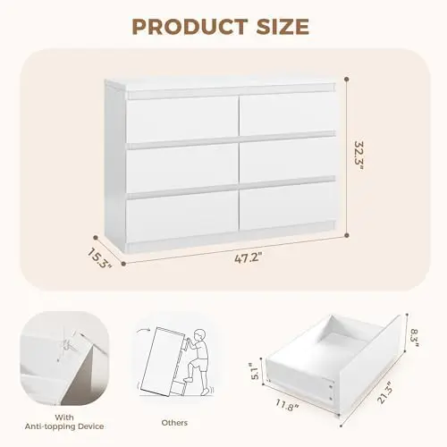 6 Drawer Double Dresser for Bedroom, Modern Simply Chest of Drawers, Wood Storage Dresser with Anti-Tipping for Living