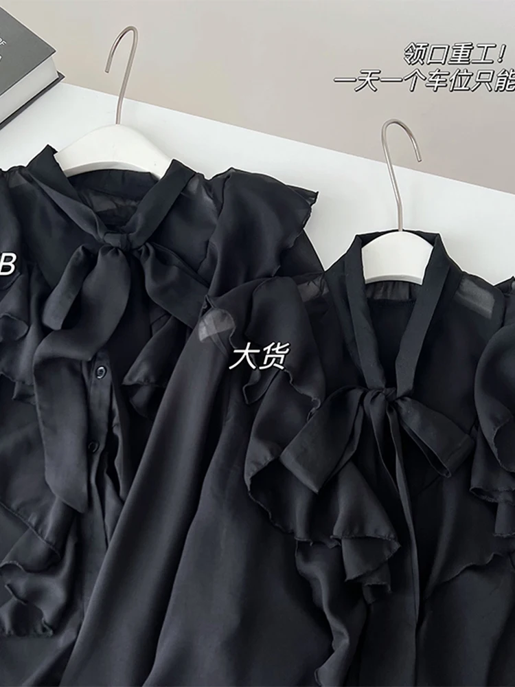 Women Black Color Court Retro Style 2 Pieces Outfit Tie Up Ruffle Design See-through Shirt+A-line High Waist Mini Pleated Skirts