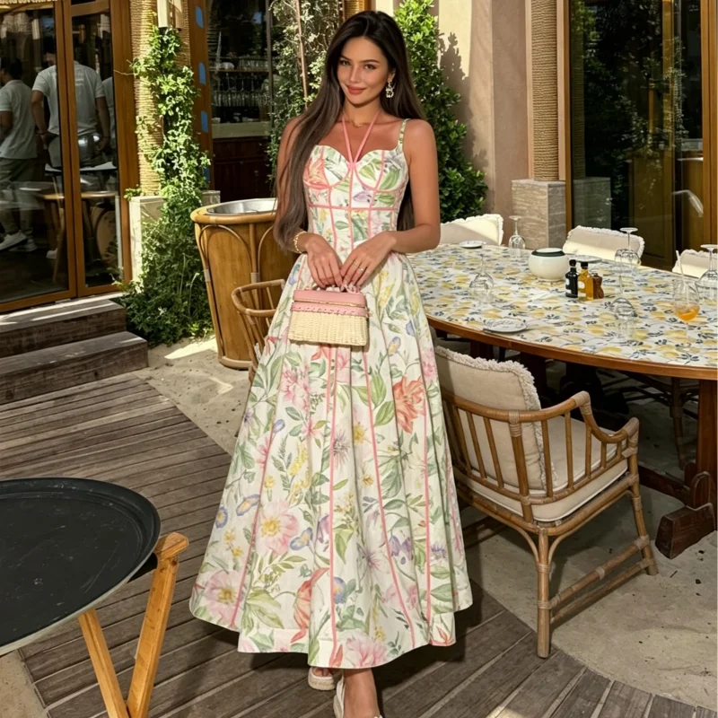 Vintage Floral Print Corset Midi Dress, Halter Wrap Spaghetti Strap Structured Seam Waist Cinched A-line Long Dress Flowy Hem
