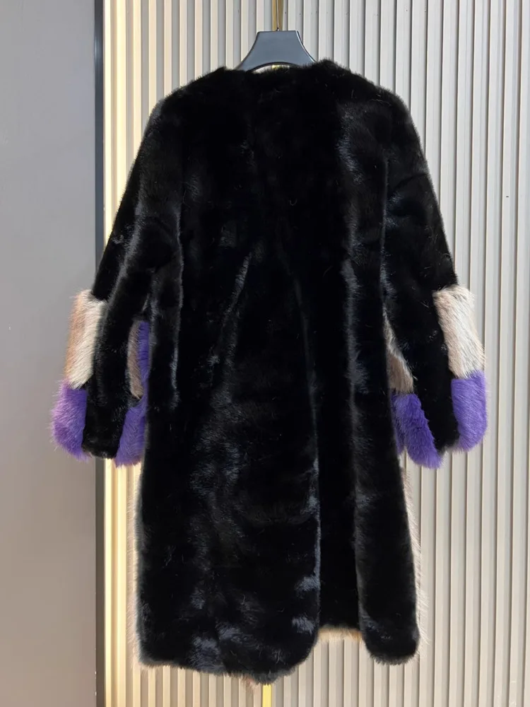 ZMEENNA معطف نسائي من الفرو الصناعي كتلة ألوان تصميم لوحة أفقية بدون ياقة على شكل حرف V مشبك ملابس خارجية شتوية دافئة ZM4480 #4