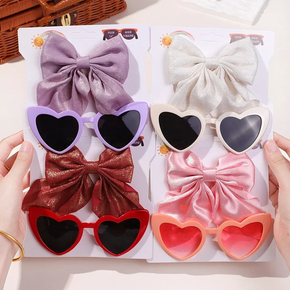 Sweet Ribbon Hair Bows Hair Clip Sunglasses Set for Women's Fashion Headwear Gift Girls Boutique Hairpins Retro Glasses Sets