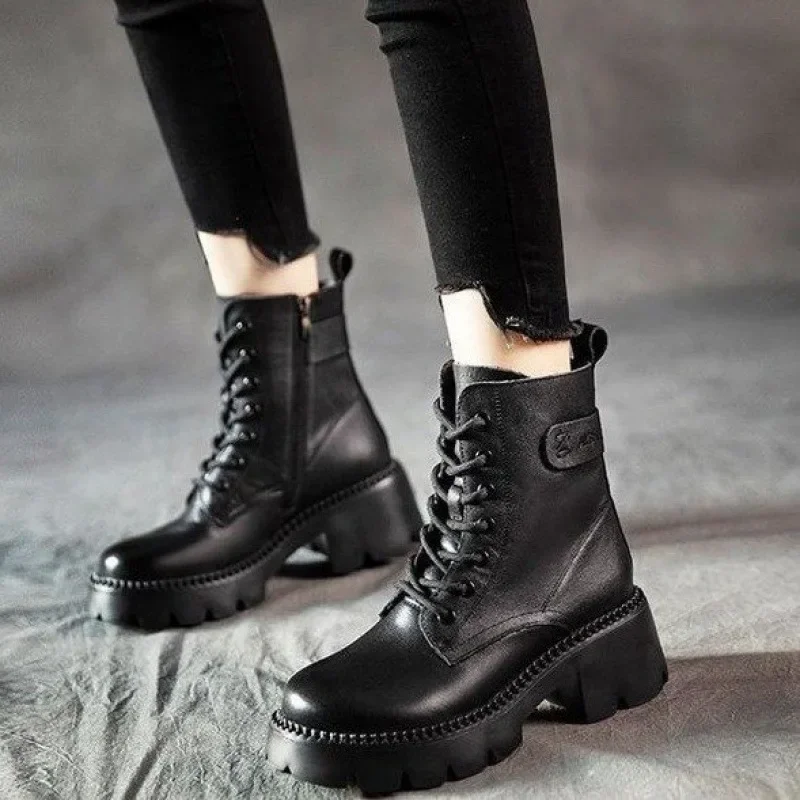 Genuine Leather Women Boots Zip Round Toe Shoes for Women Concise Leisure Sewing Platform Boots Botas Altas Plataforma Mujer