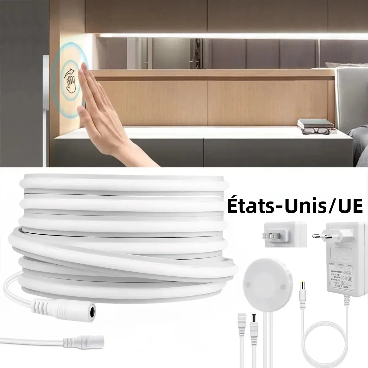 Bande lumineuse néon COB 24V, 280 diodes/M, Tube en Gel de Silicone solide avec toucher réglable et balayage manuel, interrupteur de capteur de mouvement, bande étanche