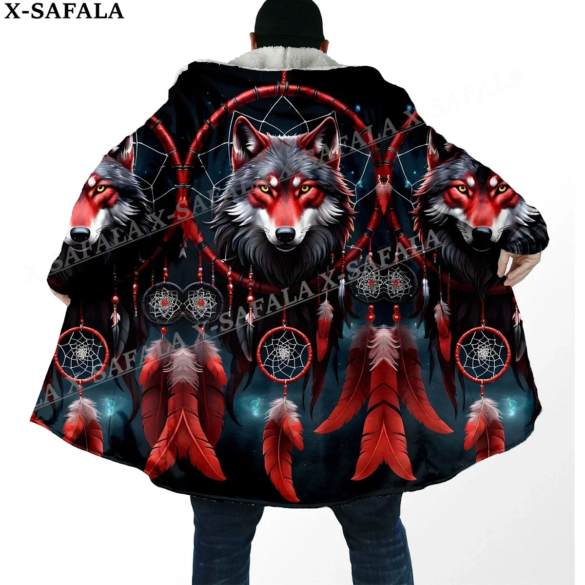 Elegant Native Wolf Spirit Totems Arts Thick Warm Hooded Cloak Men Overcoat Coat Windproof Fleece Cape Robe Hooded Blanket-3