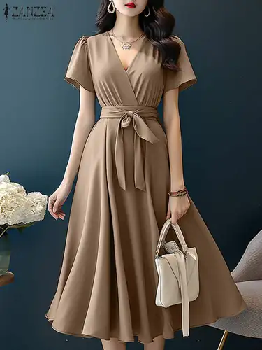 Imagen 2 del producto ZANZEA-vestido Midi de manga corta para mujer, traje elegante de corte en A, Color liso, con cinturón, informal, con cuello en V, 2024