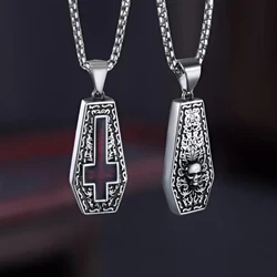 Vampire Coffin Inverted Cross Necklace, Gothic Skull Necklace for Men Women Both Sided Halloween Party Red Vintage Pendant