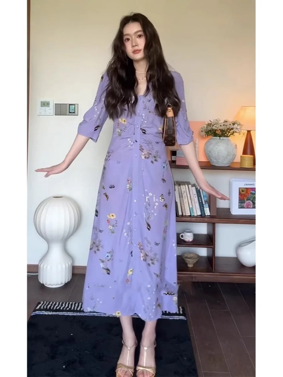 

Rouje Kefss Purple Floral Print Gathered Waist Dress Vacation Style Women's plus Size Dress Short Sleeve V-Neck Summer 2024