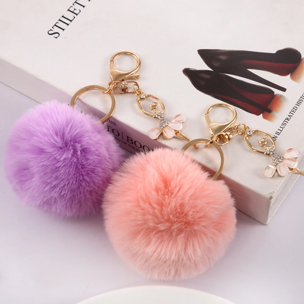 Cute Girls Fluffy Rabbit Fur Ball Pompom Ballet Keychain Women Crystal Dancing Girl Key Chain On Bag Car Trinket Party Gift