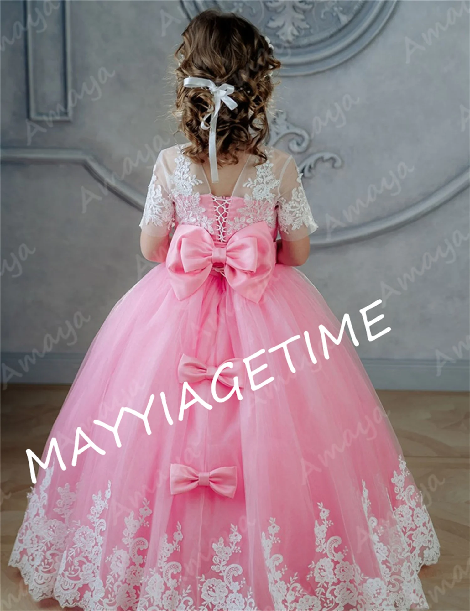 Rosa Ballkleid Blumen mädchen Kleider Spitze Applikationen Mädchen Weihnachts kleid kurze Ärmel vestidos de niña Festzug Kleider