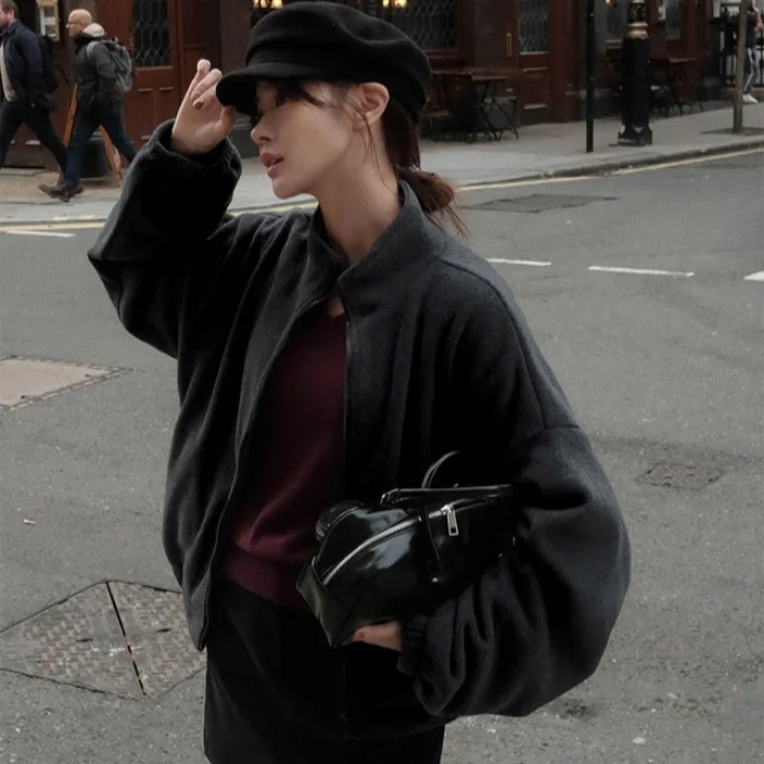 

Casual Korean Sle Stand Collar Zipper Fce Lined Sweatirt Jaet Women's Warmth Comfortable Spring Autumn Outerwear