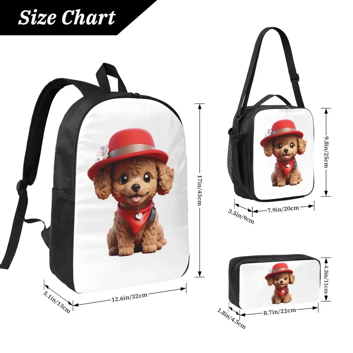 Cute Smiling Cartoon Toy Poodle Dog V2 Backpack BookBag School Bag Computer Shoulder Bags 3ps Insulated Lunch Bag Pencil Case
