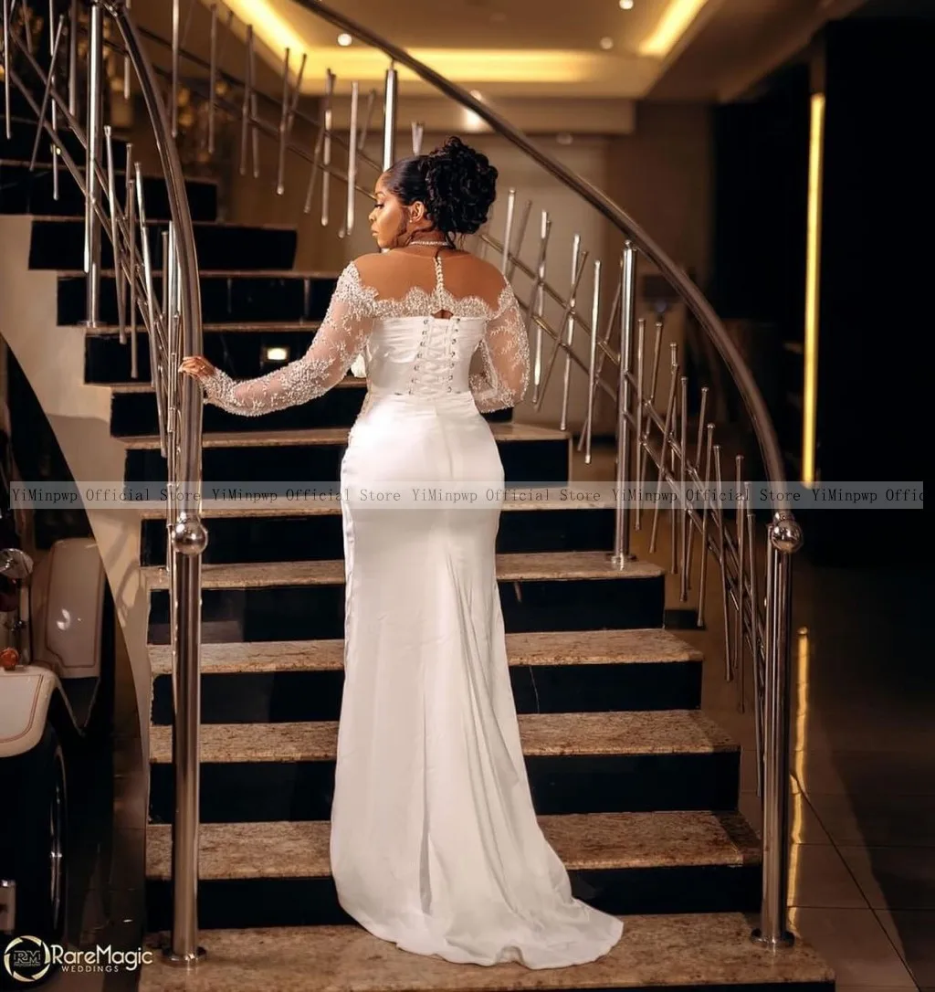 Mermaid 2 In 1 Wedding Dresses Satin Sheer Neck Long Sleevee Corset Lace Beads Africa Detachable Train Bridal Gowns Customized