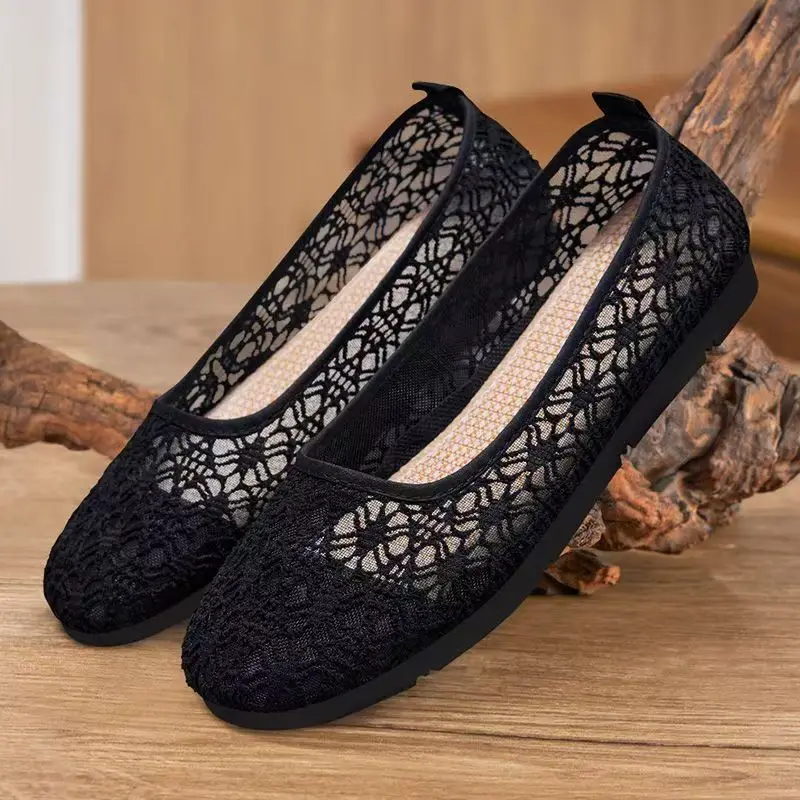 

Women Summer New Flat sole Mesh Shoes Soft Sole Non Slip Shallow Slip On Lightweight Breathable Elderly Nude Shoes Work Shoes