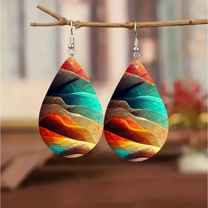 Boho Leather Water Drop Earrings Vintage Double Sided Colorful Oil Painting Earrings For Women