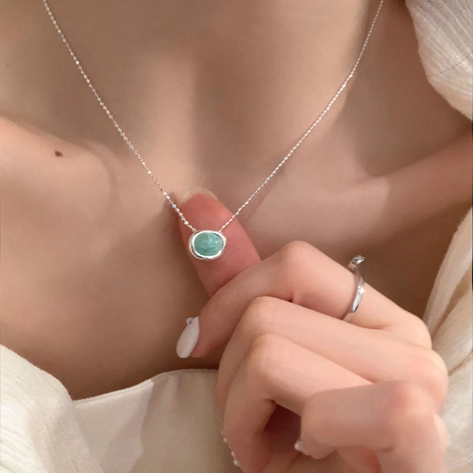 VENTFILLE 925 Silver Menthol Blue Crystal Necklace for Women Ellipse Personality Minimalism Versatile Jewelry Gift Dropshipping