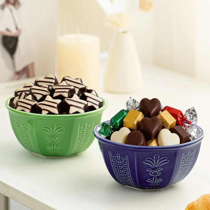 New Design Traditional Arabic Pattern Pure Green Blue Color Middle East 6-inch Embossed Ceramic Porcelain Chocolate Dessert Bowl