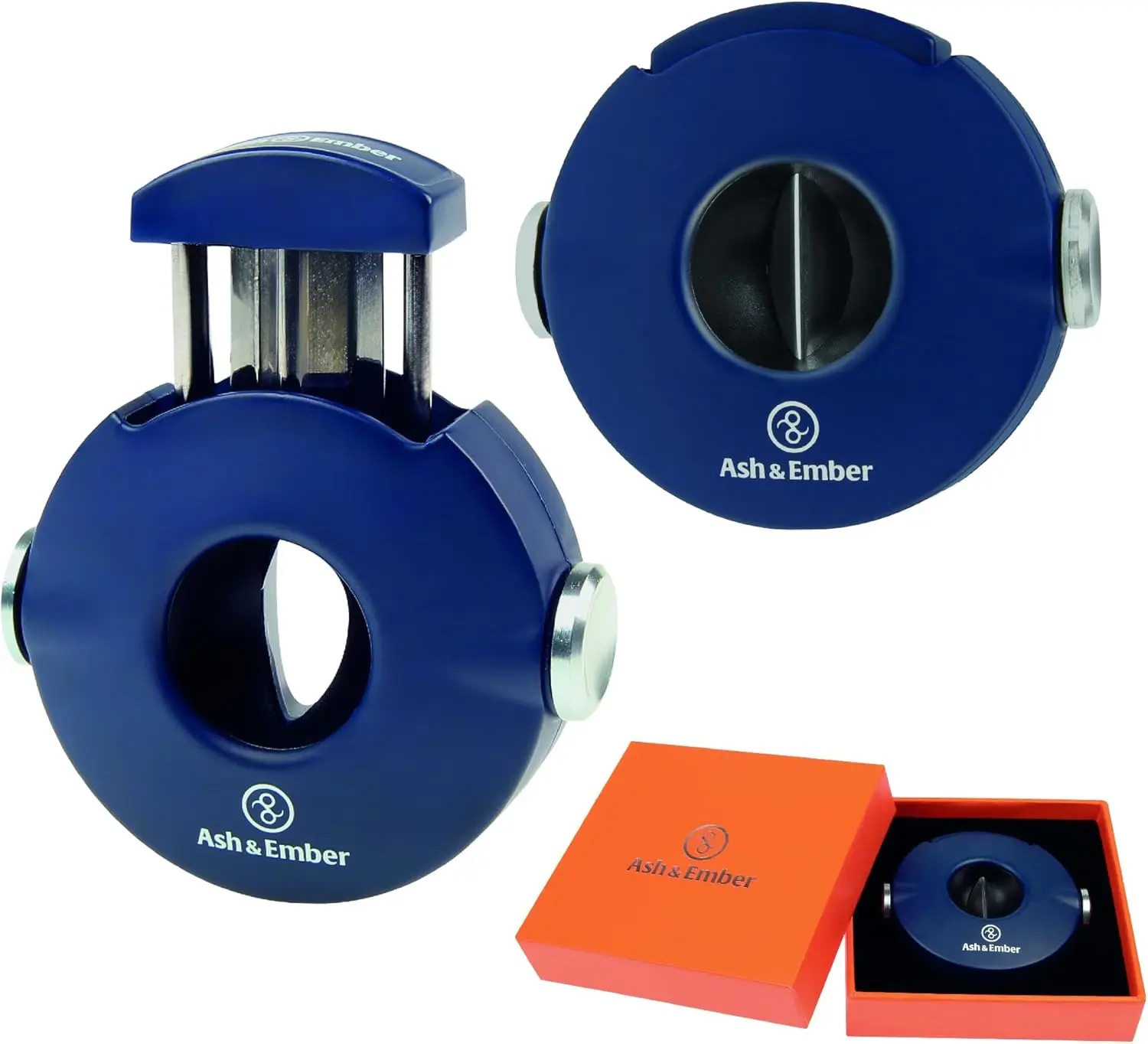 

V-Cut Cigar Spinner Cutter with Anti-Stress Design, Blue Finish for Ash & Ember