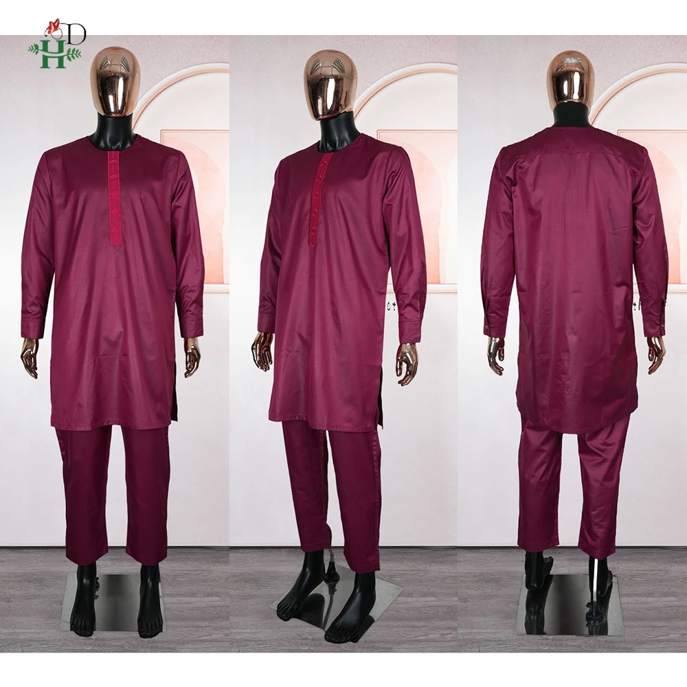 H & D-Conjunto tradicional africano de 3 uds para hombre, conjunto Thobe Borgoña Agbada, bata bordada de talla grande para bodas, festivales, ceremonias