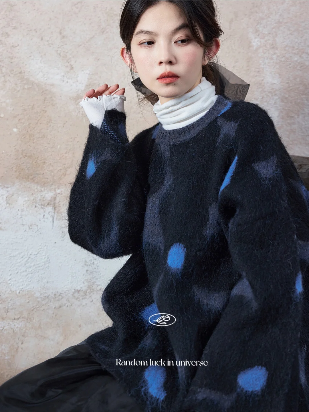 

Artistic Knitted Blue Abstract Patterned Lazy Sweater Women's Overhead Sle Loose Fit Long Sve Winter Faion for Teens