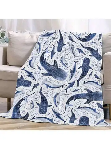 Cozy Ocean Shark Flannel Throw Blanket, Blue White Whale Print 280g/Sq.M Soft Warm Lightweight for Bed Sofa, Machine Washable