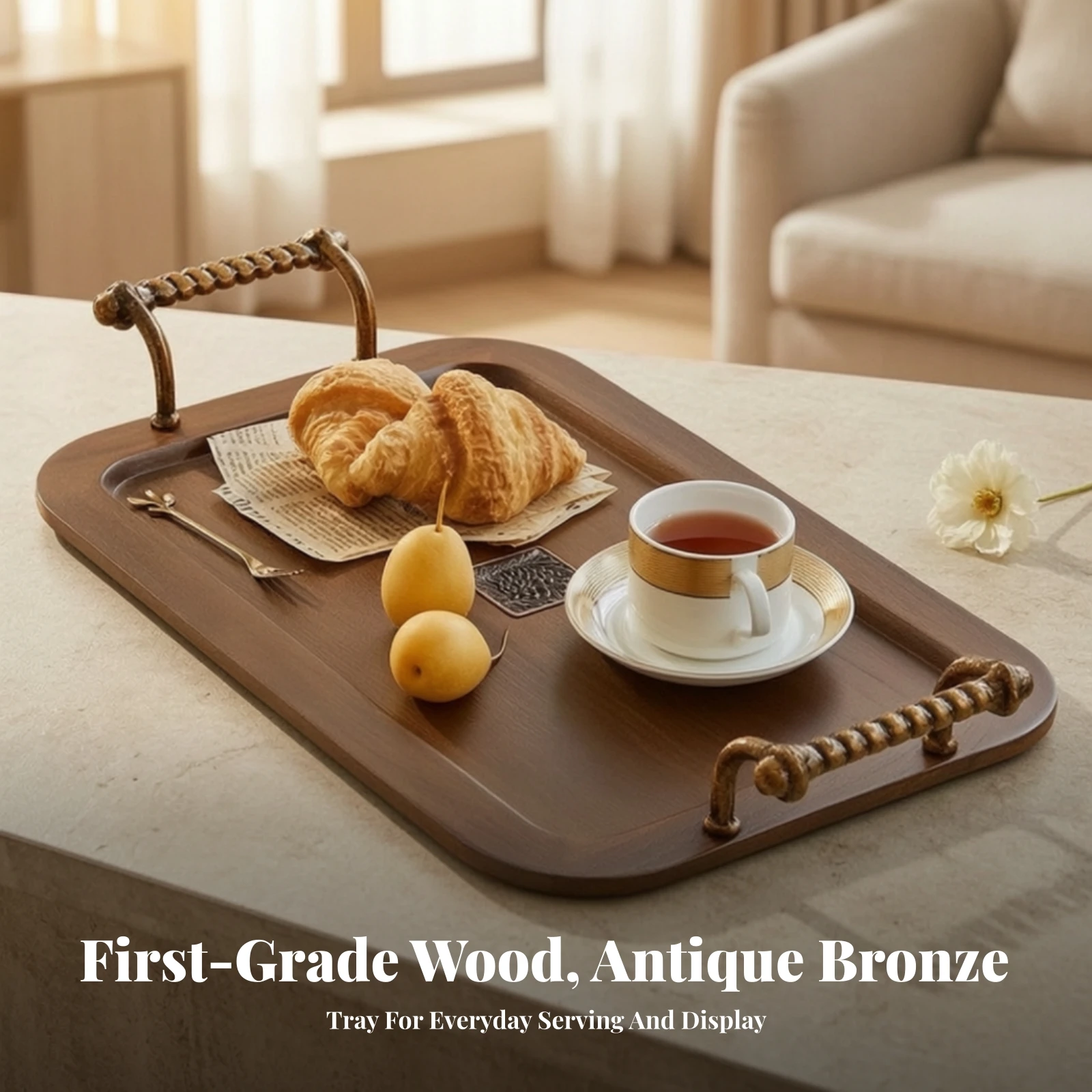 Rectangular Wood Tray with Handles Versatile Serving Tray with Handles Large Elegant for Entertaining, Afternoon Tea
