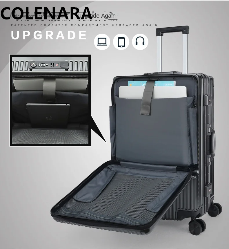 COLENARA-Mala de Cabine com Abertura Frontal, Moldura De Alumínio, Trolley Case, 20 "Boarding Box, 22" 24 "26 Bagagem De Carregamento USB