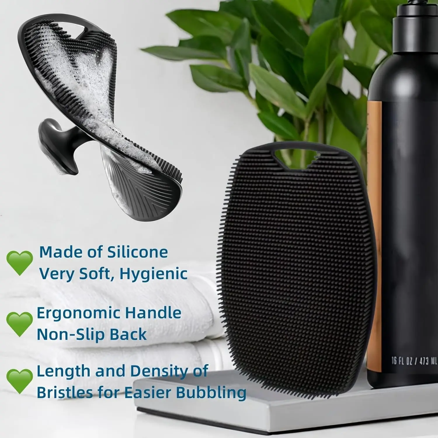 Food-Grade Silicone Body Scrubber, Highly Elastic Bristles Handheld Brush for Shower, Lather Well and Gentle Exfoliating