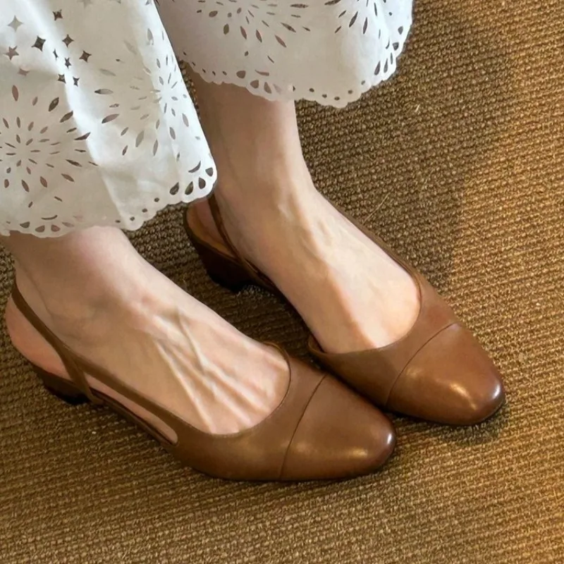 Women's Slingback Pumps Almond Toe Low Block Heel Side Cutout Cap Toe Detail Slip-On Smooth Finish Casual Shoes Vintage Style view 2
