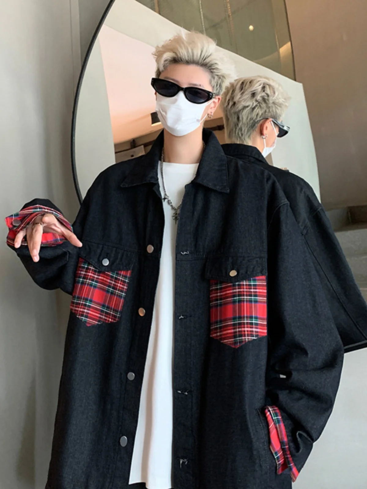 

Red Plaid Splicing Men's Denim Jaet Spring Autumn American Retro Trendy High Street Cleanfit Collar Jaet Youth Casual Fas...