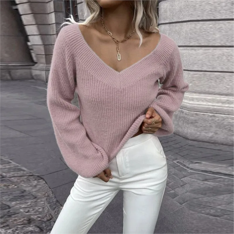 Fashion Long Sleeve Pullover Sweater Women's Autumn And Winter New Solid Color Sexy V-neck Loose Knitted Simple Style Loose Top