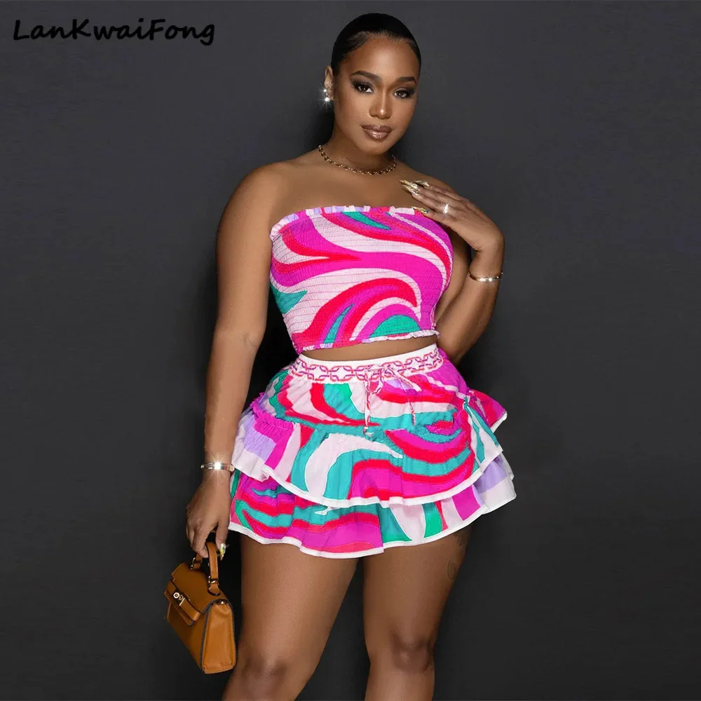 2024 Holiday Casual Women's Sexy Wrapped Chest Sleeveless Backless Printed Short Skirt Two-piece Set