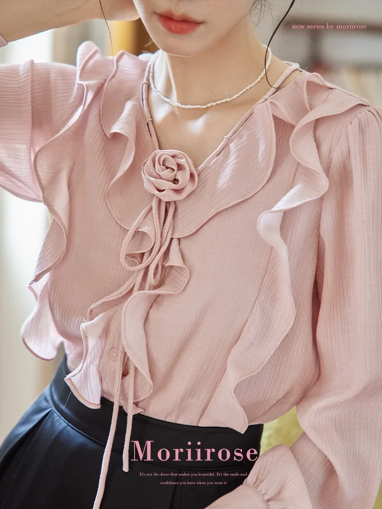 

Розовая женская блузка Moriirose с отстегивающимися цветами, длинными рукавами-фонариками, прямым кроем, V-образным вырезом, из бамбукового волокна, весенняя, винтажная