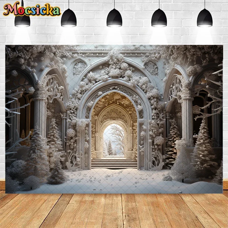 Fondo de puerta de castillo de Navidad para niños y adultos, decoración de copo de nieve, árbol de Navidad blanco, cartel de fondo de foto de retrato