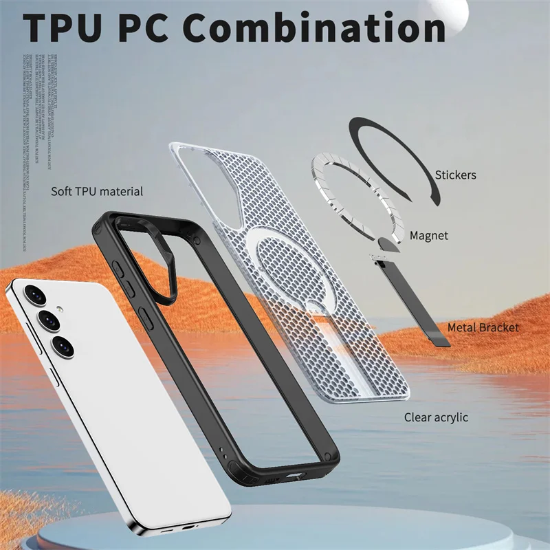 Fashion Breathable Heat Dissipation For Magsafe Phone Case For Samsung Galaxy S24 25 Ultra Plus PC Shockproof Hide Bracket Cover