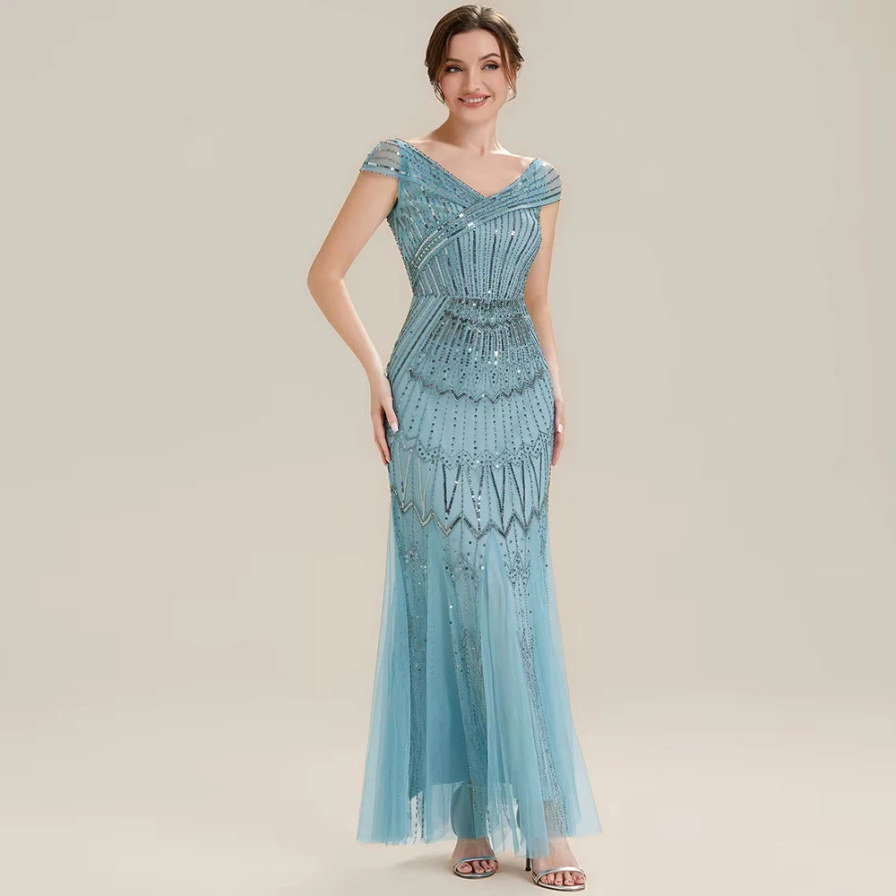 BAZIIINGAAA Party Dress A Short Sleeves Off Shoulder Fishtail Embroidered Evening Dresses