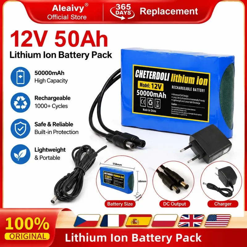 Aleaivy 50000mAh 12V Lithium Ion Battery Pack Rechargeable DC 12.6V 50Ah Power Bank for CCTV Camera Monitor Portable External