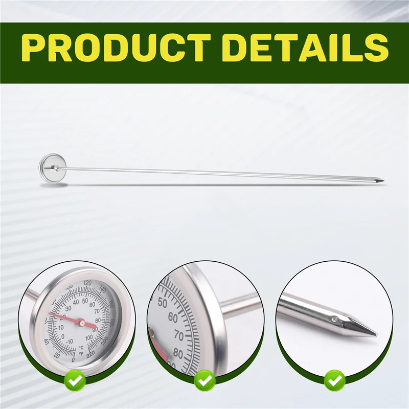 Long Stem Compost Soil Thermometer - Fast Response Stainless Steel 20 Inch - Measuring Probe - Fahrenheit And Celsius-N33R