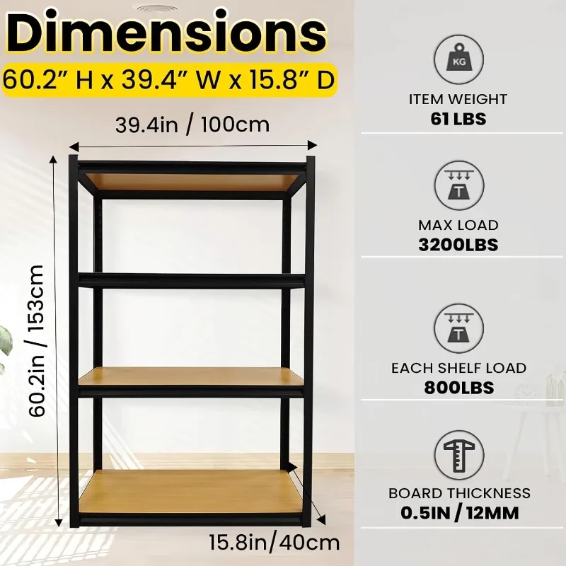 Storage Shelf 4 Tier Adjustable Garage Storage Organizer, Heavy Duty Metal Storage Utility Rack Shelving with Thicken Wooden