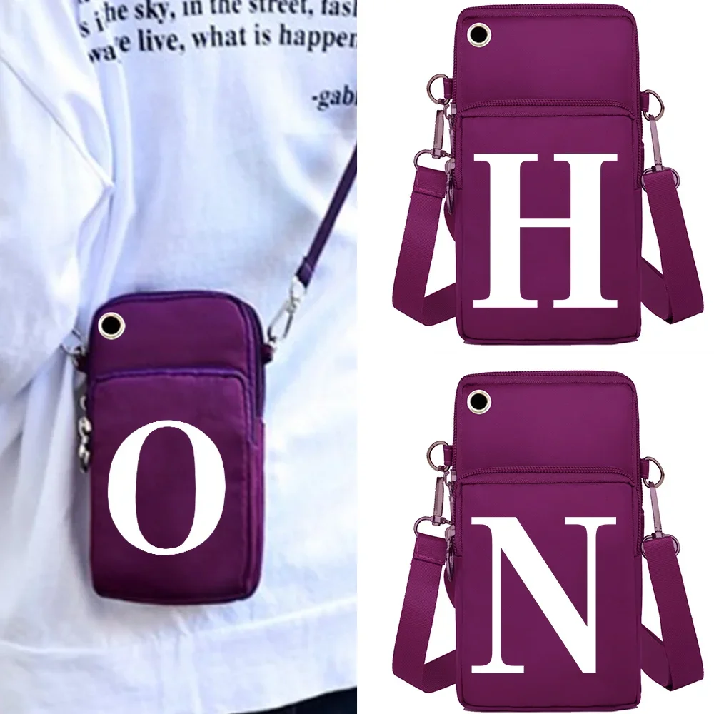 Simple Fashion Phone Sling Shoulder Bag White Letter Print Lightweight Crossbody Purse Zipper Coin Holder Bag