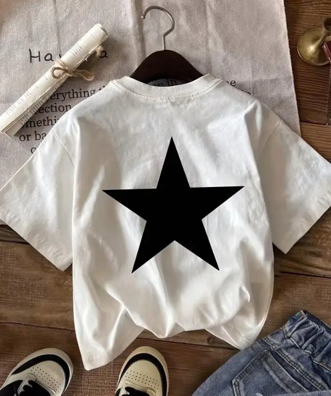 Women Minimalist Black Star Graphic T Shirt Back Big Black Star Print Round Neck Short Sleeve Oversized Casual Tee Spring Summer Daily Top